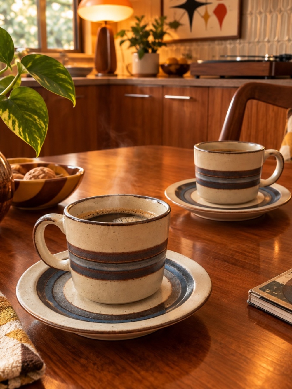 Otagiri Horizon MCM 4 coffee Cups and Saucers 1970s vintage Tenmoku glaze